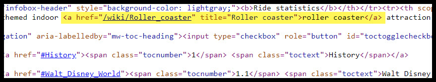 Screenshot of the HTML code for an internal link