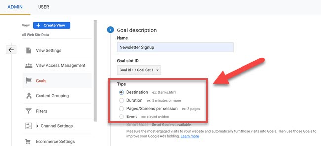 select the type of goal you want to create in google analytics